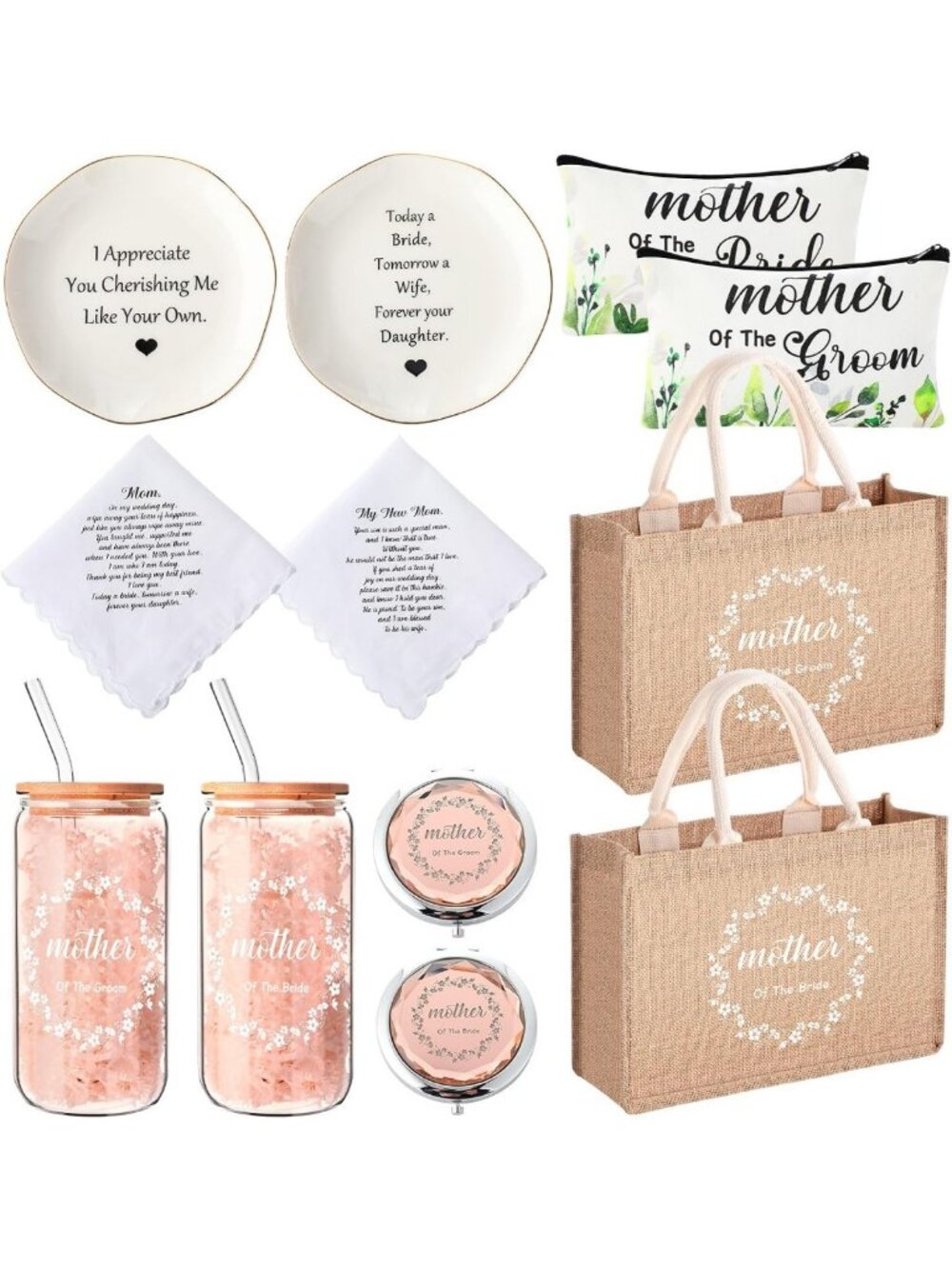 12-Piece Mother of Bride & Groom Gift Set - 16oz Glass Cups & Tote Bags